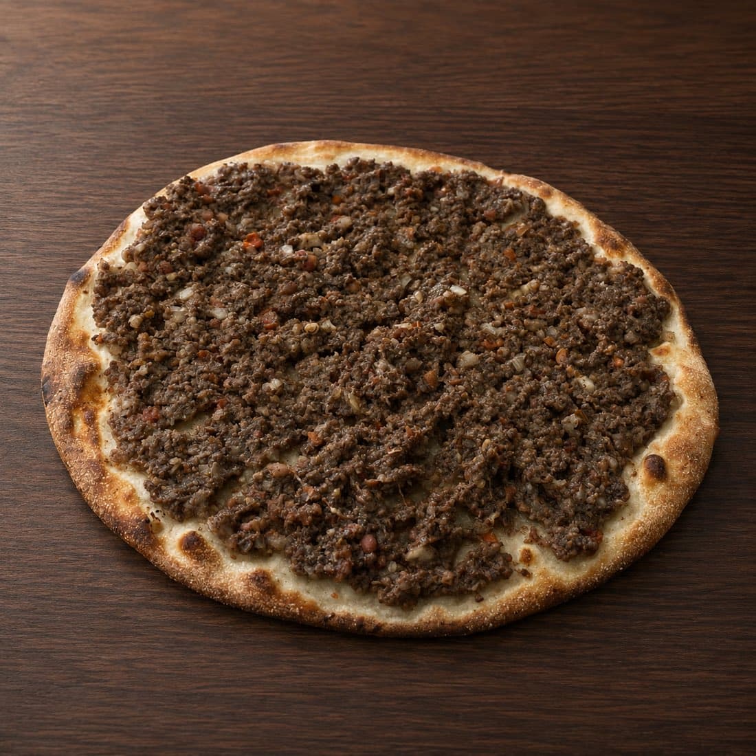 Lahma b'ajin, spiced lamb spread edge to edge over thin flatbread, on a dark wood table