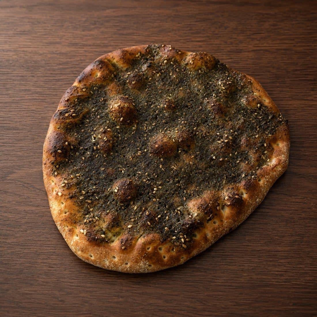 Za'atar manoush, wild thyme and sesame baked into blistered flatbread, on a dark wood table